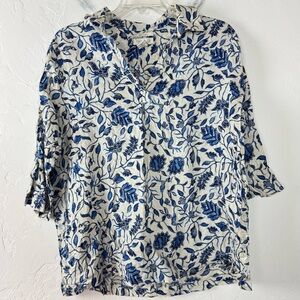 Rachel Zoe Blouse‎ Popover Knit Top Shirt Paisley Floral Cream Tan Blue Linen